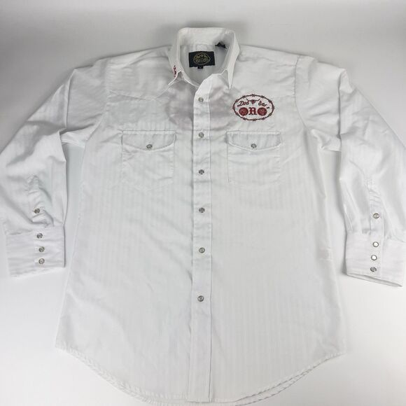 Dos De Oro Rodeo Shirt Sz M Pearl Snap Clean White Red Embroidery Front Back - Picture 12 of 12